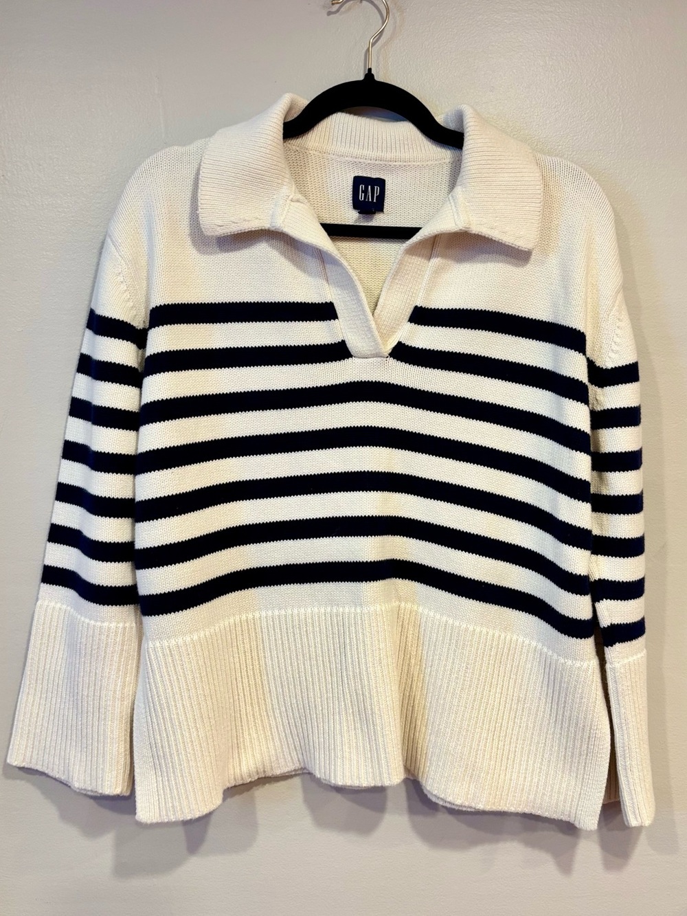 GAP 24/7 Split-Hem Polo Sweater Navy Cream Striped Women's XS 100% Cotton
